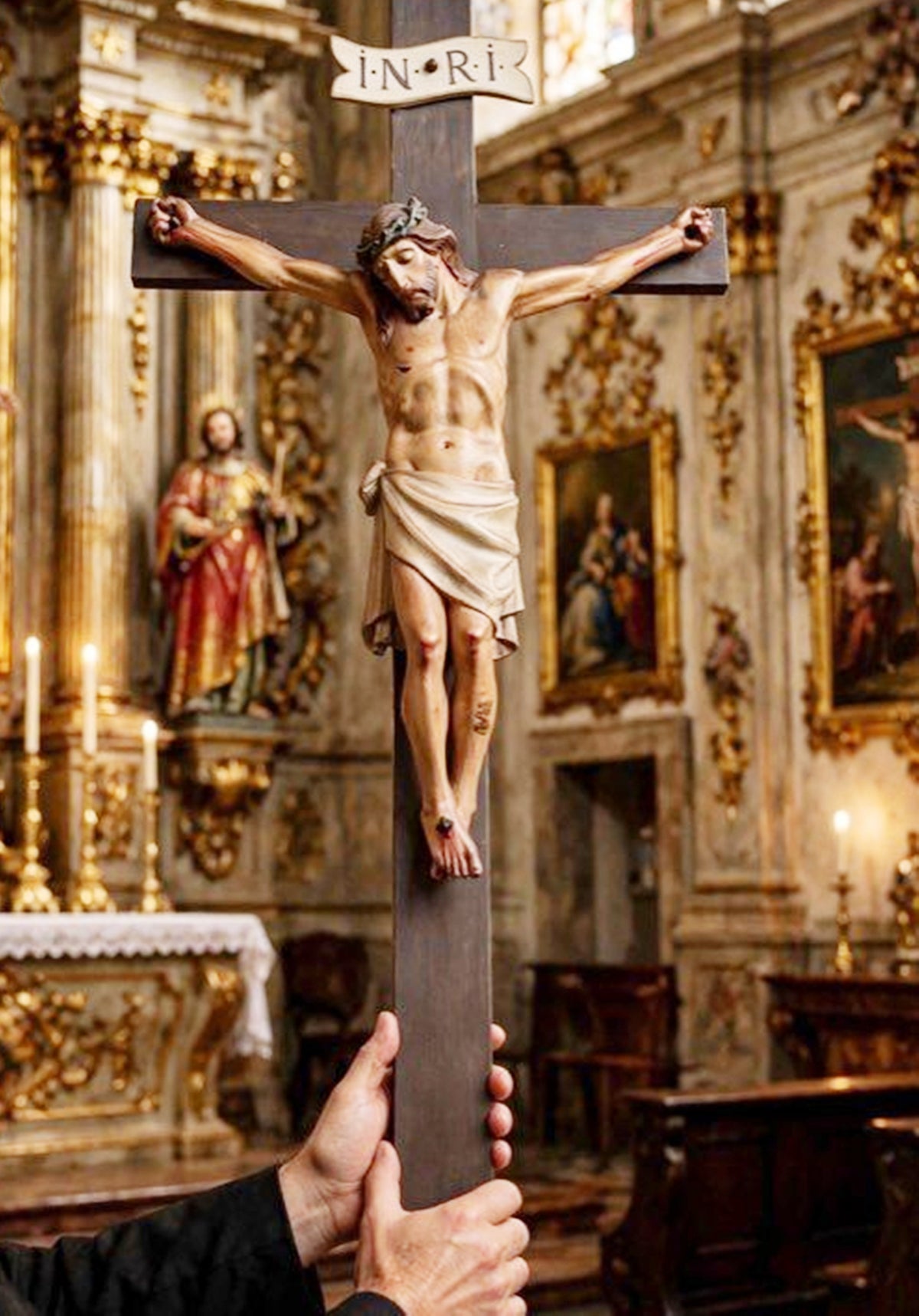 Antique French Church Crucifix, Hand-Carved & Polychromed Christ, 77 × 31 cm, c. 1860