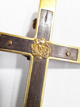 Load image into Gallery viewer, Antique Golgotha Cross Crucifix Handmade With Bronze Corpus Christi, Oak Inlay, Late 17th Early 18th Century, 11.5 cm by 6 cm