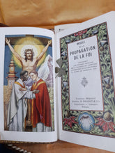 Load image into Gallery viewer, SOLD Antique Cased French 1st Communion Set, Leather Prayer Book, Offering Purse With Mother of Pearl Rosary Gold Plated Medal and Cross
