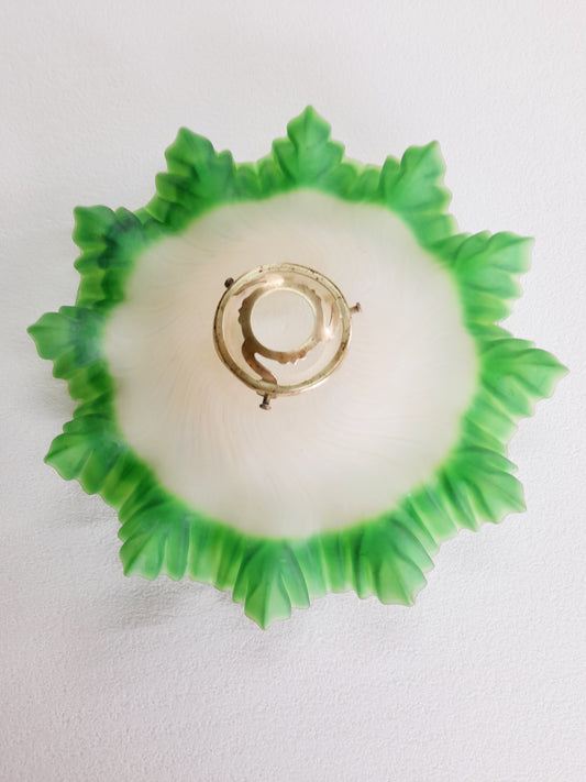 Vintage French Opalescent Glass Shade, Green Frilled Edge, c. 1930