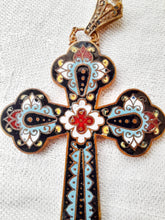 Load image into Gallery viewer, SOLD Antique Pendant Cross, French Enamelled Pendant Cross, French Cloisonne Cross, Circa 1870 7.5 x 4.5 Centimetres, Perfect Condition