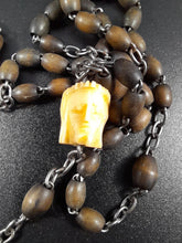 Load image into Gallery viewer, Antique Rosary For The Souls in Purgatory, Carved Janus Head, Nun's Rosary, Spina Beads, Silvered Steel Cross, Very Rare Circa 1885