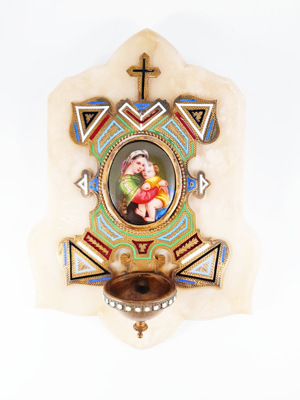 Antico acquasantiera in bronzo smaltato, Madonna della Seggiola su Raffaello, onice, c. 1870