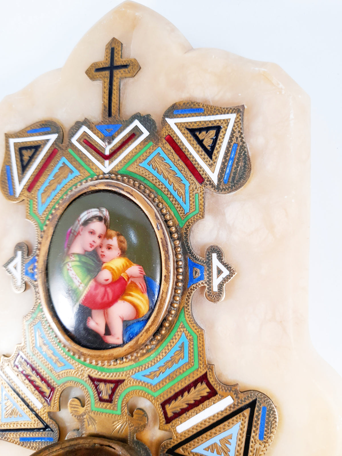 Antico acquasantiera in bronzo smaltato, Madonna della Seggiola su Raffaello, onice, c. 1870