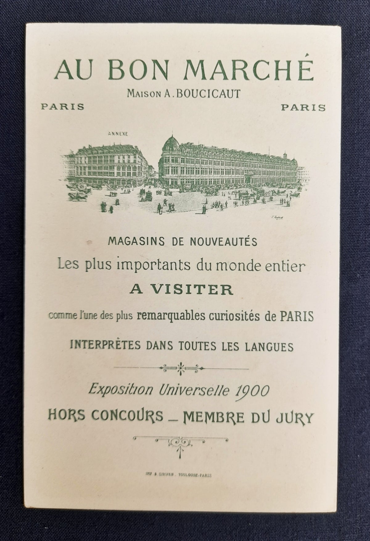 6 cartoline pubblicitarie francesi Au Bon Marché, collezione Dubillon, c. 1900