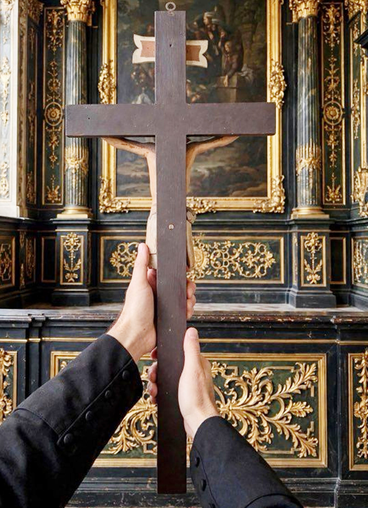 Antique French Church Crucifix, Hand-Carved & Polychromed Christ, 77 × 31 cm, c. 1860