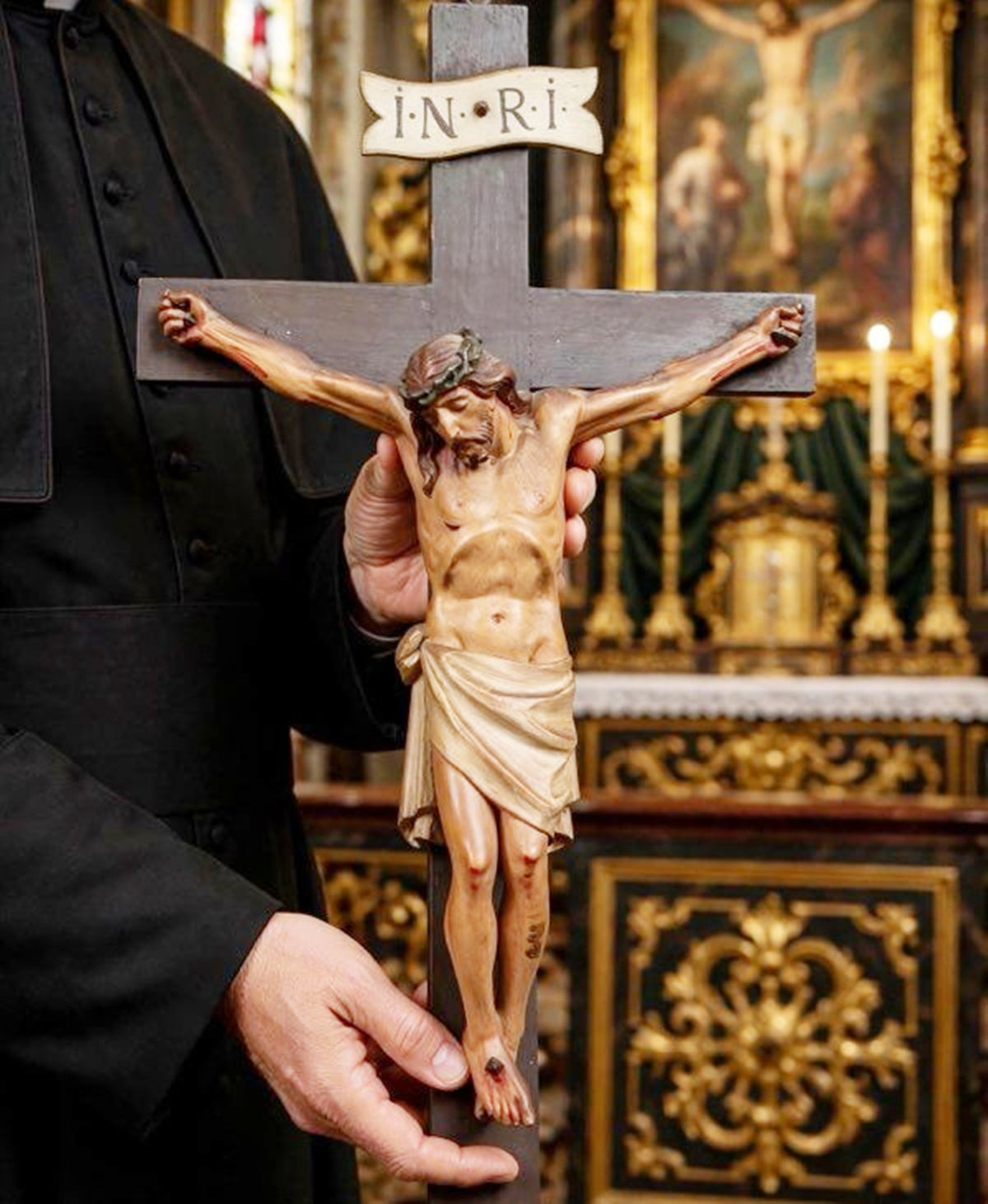 Antique French Church Crucifix, Hand-Carved & Polychromed Christ, 77 × 31 cm, c. 1860