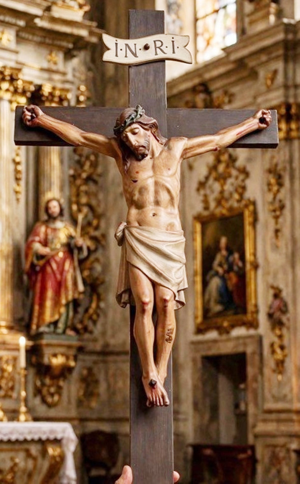 Antique French Church Crucifix, Hand-Carved & Polychromed Christ, 77 × 31 cm, c. 1860