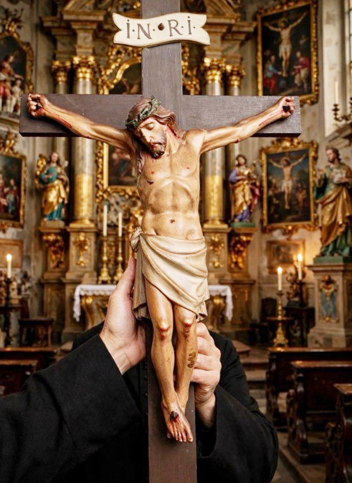 Antique French Church Crucifix, Hand-Carved & Polychromed Christ, 77 × 31 cm, c. 1860