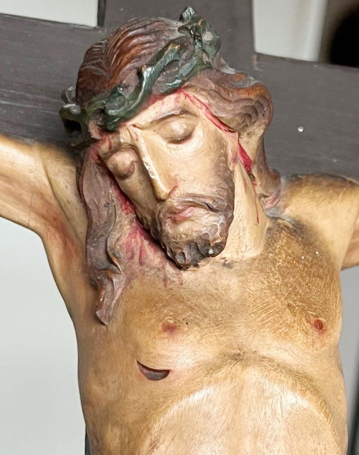 Antique French Church Crucifix, Hand-Carved & Polychromed Christ, 77 × 31 cm, c. 1860