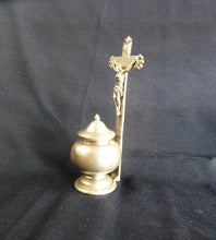 Load image into Gallery viewer, SOLD Holy Water Font, Antique Pewter Stoup, Crowned Rose Insignia On Base, Circa 1860