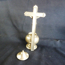 Load image into Gallery viewer, SOLD Holy Water Font, Antique Pewter Stoup, Crowned Rose Insignia On Base, Circa 1860