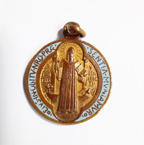 SOLD Saint Benedict Medal, Struck For 1400th Aniversary of Birth of Saint Benedict, Enamelled Bronze By Desedirious Lenz 1880 Extremely Rare