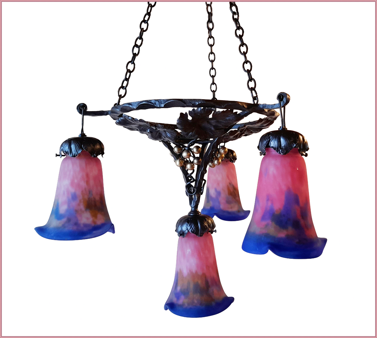 Muller Frères Art Nouveau Chandelier, Four Glass Shades, c. 1900