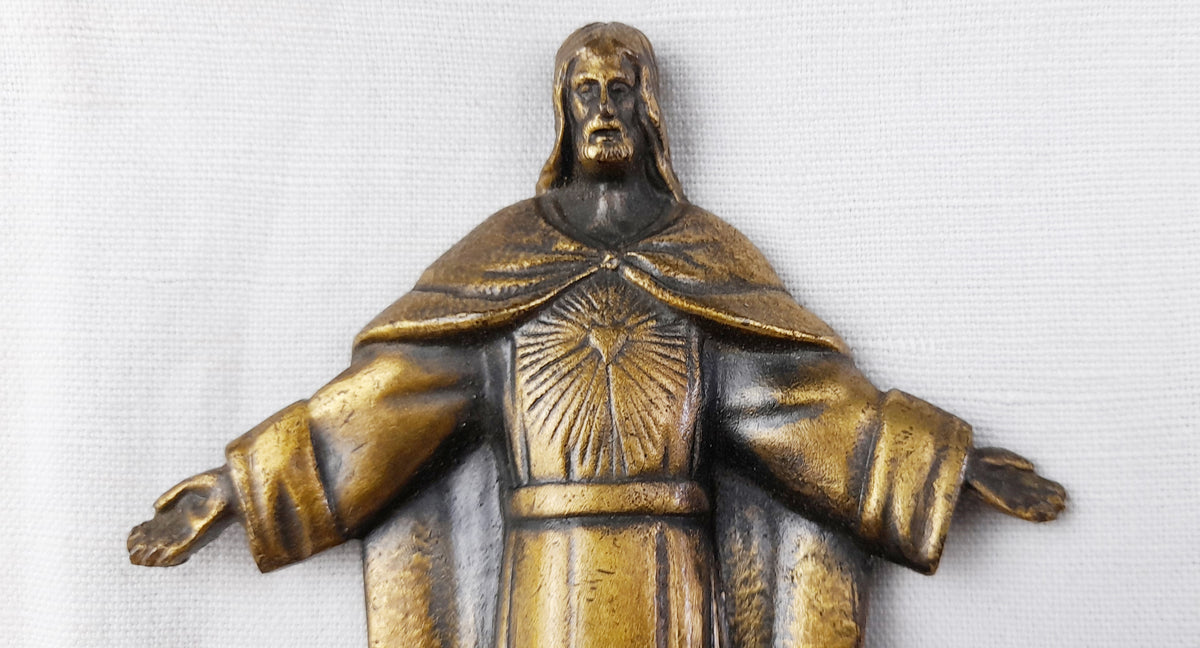 Art Deco Jesus Christ Bronze by Maria Caullet Nantard, Oak Base, c. 1925