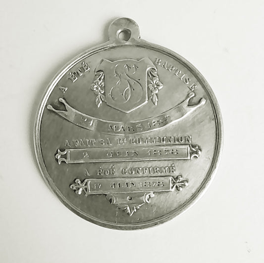 Medalla antigua francesa de plata de Primera Comunión, 3,5 cm