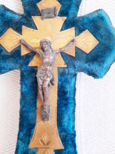 Load image into Gallery viewer, Antique Holy Water Font, French, Blue Plush, Bronze Back Plate, Spelter Corpus Christi, Napoleon III circa 1870