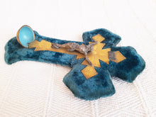 Load image into Gallery viewer, Antique Holy Water Font, French, Blue Plush, Bronze Back Plate, Spelter Corpus Christi, Napoleon III circa 1870