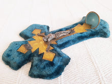Load image into Gallery viewer, Antique Holy Water Font, French, Blue Plush, Bronze Back Plate, Spelter Corpus Christi, Napoleon III circa 1870