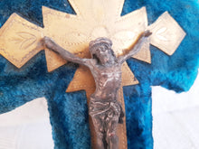 Load image into Gallery viewer, Antique Holy Water Font, French, Blue Plush, Bronze Back Plate, Spelter Corpus Christi, Napoleon III circa 1870
