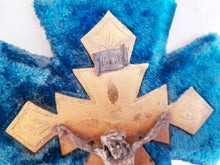 Load image into Gallery viewer, Antique Holy Water Font, French, Blue Plush, Bronze Back Plate, Spelter Corpus Christi, Napoleon III circa 1870