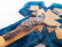 Load image into Gallery viewer, Antique Holy Water Font, French, Blue Plush, Bronze Back Plate, Spelter Corpus Christi, Napoleon III circa 1870
