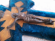 Load image into Gallery viewer, Antique Holy Water Font, French, Blue Plush, Bronze Back Plate, Spelter Corpus Christi, Napoleon III circa 1870