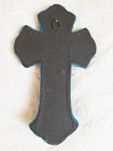 Load image into Gallery viewer, Antique Holy Water Font, French, Blue Plush, Bronze Back Plate, Spelter Corpus Christi, Napoleon III circa 1870