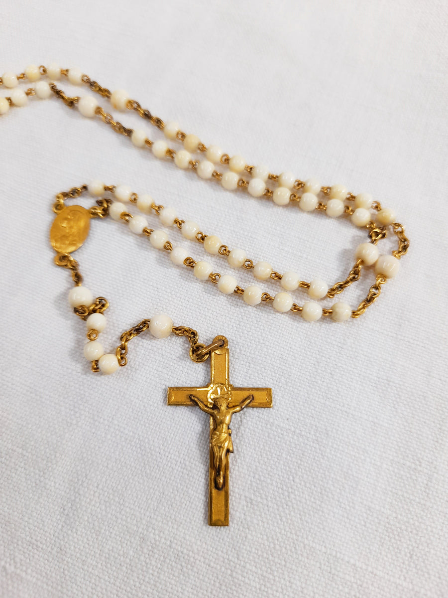 Antique Catholic Rosary, French Rosary, Hand Set Fine Bone Beads, Gold  Plated Link Medal Cross and Chain, Circa 1930