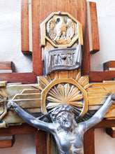 Load image into Gallery viewer, Art Deco Crucifix, Spelter Corpus Christi Mounted On Bronze With an Oak Cross Inlaid With Bronze 30 Centimetres