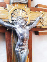 Load image into Gallery viewer, Art Deco Crucifix, Spelter Corpus Christi Mounted On Bronze With an Oak Cross Inlaid With Bronze 30 Centimetres