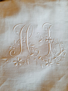 SOLD Antique Fine Hemp Sheet, French Dowry Sheet, Stunning Embroidery Mono HL, Flat Under Sheet 220 x 210 centimetres, Perfect Condition