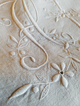 Load image into Gallery viewer, SOLD Antique Fine Hemp Sheet, French Dowry Sheet, Stunning Embroidery Mono HL, Flat Under Sheet 220 x 210 centimetres, Perfect Condition
