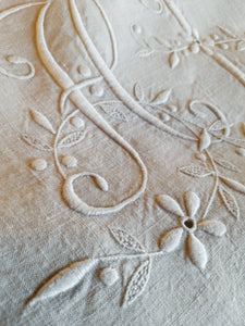 SOLD Antique Fine Hemp Sheet, French Dowry Sheet, Stunning Embroidery Mono HL, Flat Under Sheet 220 x 210 centimetres, Perfect Condition