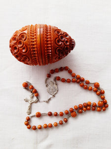 SOLD Antique Corozo Rosary, Late 19th Century, Carved Tauga Nut Beads and Case, Link Heart and Cross in Silver