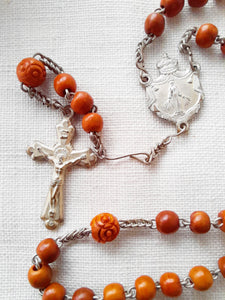 SOLD Antique Corozo Rosary, Late 19th Century, Carved Tauga Nut Beads and Case, Link Heart and Cross in Silver