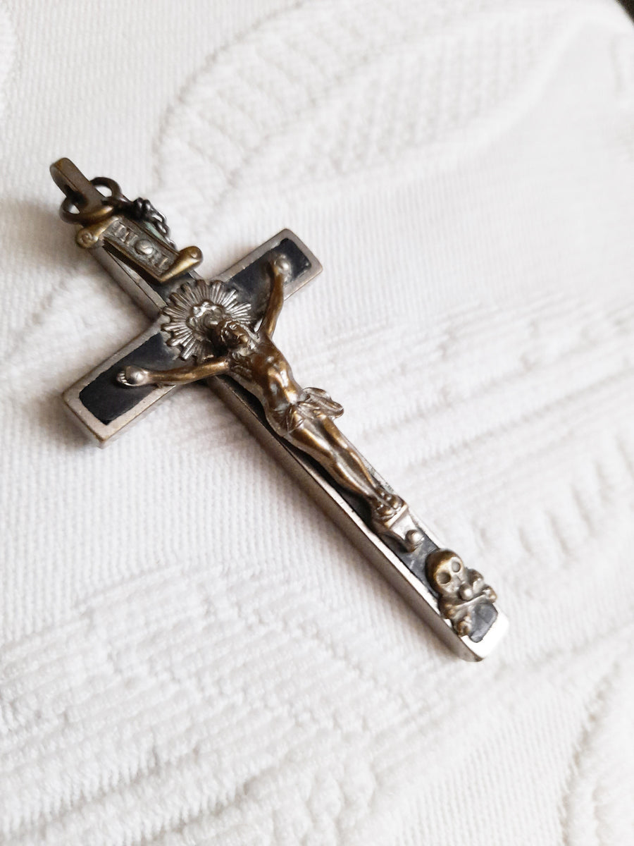 Antique Golgotha Cross, Silver Plated Bronze, Handmade With Bronze Corpus  Christi, Oak Inlay, Early 19th Century, 7 cm by 4 cm