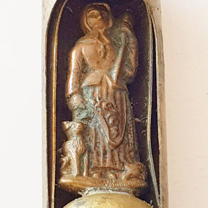 SOLD Antique Portable Shrine, Saint Germaine Cousin, Copper Statue in Bronze Rotating Case, Circa 1870, 5 Centimetres Tall