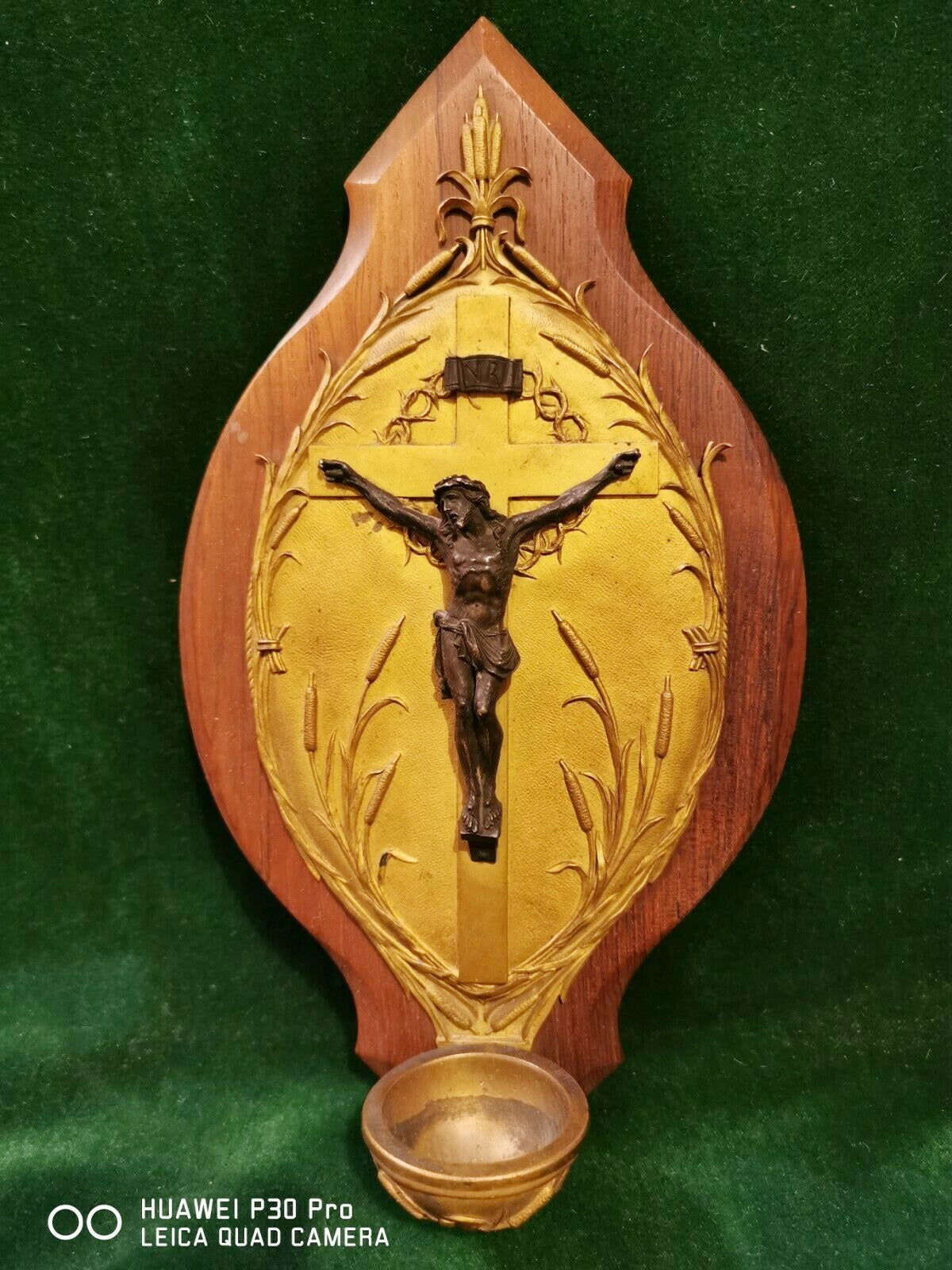 Pila de agua bendita antigua de roble francés y bronce, presentación de Louis Tisserand, 1906