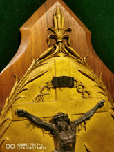 Load image into Gallery viewer, Holy Water Font, Oak Base With Gilded Bronze Plate and Bronze Corpus Christi, Presentation to Louis Tisserand 1906, 30x16 Centimetres