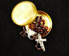Load image into Gallery viewer, Antique Christian Rosary, French, Hand Cut Garnet Coloured Art Glass Beads,