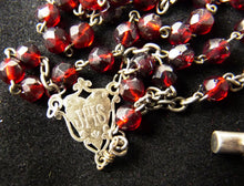 Load image into Gallery viewer, Antique Christian Rosary, French, Hand Cut Garnet Coloured Art Glass Beads,
