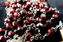 Load image into Gallery viewer, Antique Christian Rosary, French, Hand Cut Garnet Coloured Art Glass Beads,