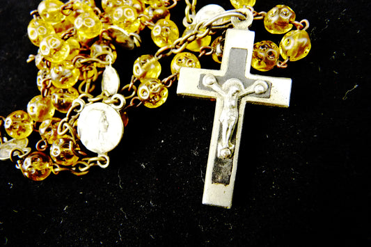Antique French Amber Glass Rosary, Seven Silver Medals & Ebony-Inlaid Cross