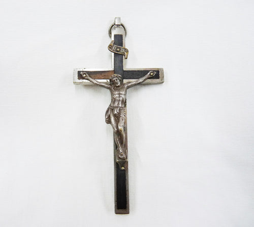 Antique Profession Crucifix Handmade, Cast Bronze Corpus Christi, Ebony Insert, 19th Century, 11.5 cms x 5.5 cms, Excellent Condition