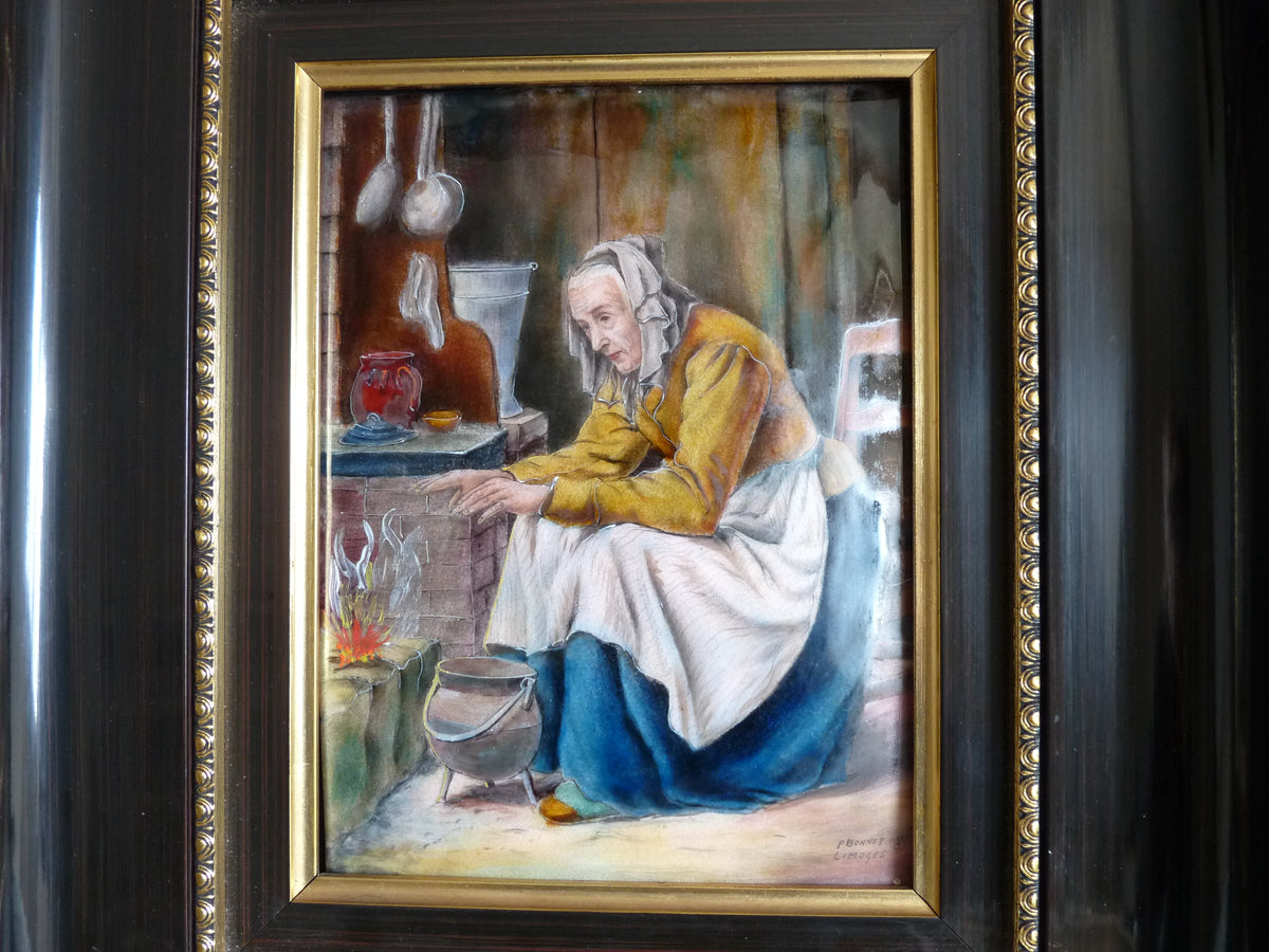 Ritratto in smalto di Limoges di Pierre Bonnet, cornice in legno massello, 42 × 36 cm, c. 1930