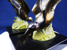 Load image into Gallery viewer, Antique Book Ends, French, Cold Painted Bronze, Art Deco Circa 1930, Swallows on Marble Base