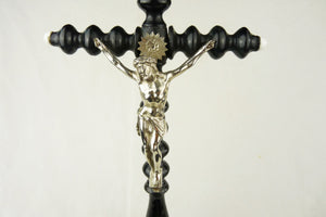 Antique Altar Cross, Beautiful Ornate Turned Wood French Altar Crucifix, Silvered Metal, Porcelain Caps, Napoleon III Era Circa 1860 43 centimetres