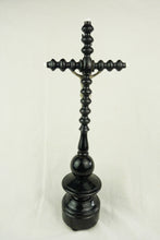Load image into Gallery viewer, Antique Altar Cross, Beautiful Ornate Turned Wood French Altar Crucifix, Silvered Metal, Porcelain Caps, Napoleon III Era Circa 1860 43 centimetres
