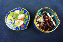 Load image into Gallery viewer, Antique Child's Rosary, Garnet and Silver Beads, Silver Chain and Cross, Cloisonné Case